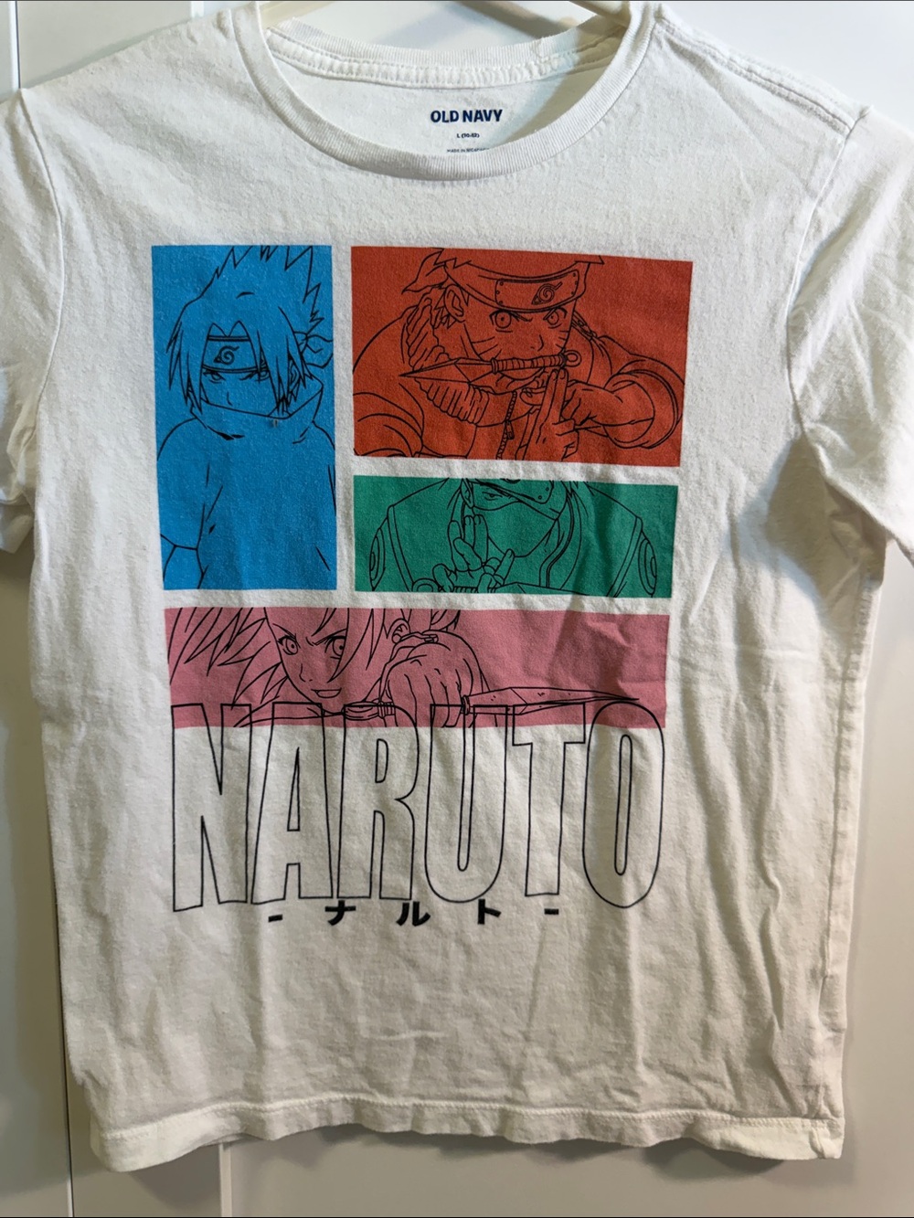 Old Navy White Naruto Panel Graphic Tee with Blue, Orange, Green & Pink Blocks